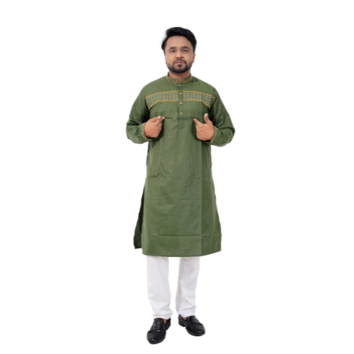 Elegant Olive Green Embroidered Panjabi for Men