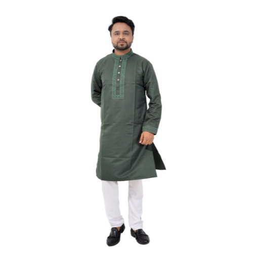 Premium Dark Green Punjabi with Turquoise Embroidery