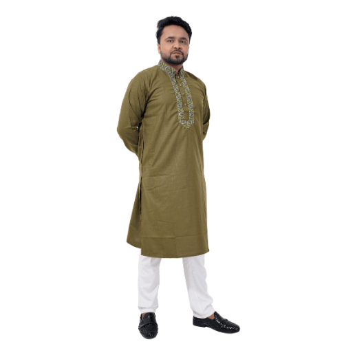 Classic Olive Green Punjabi with Decorative Embroidery