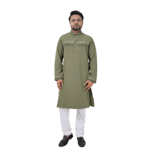 Olive Green Embroidered Punjabi Kurta with White Pajama Set for Men