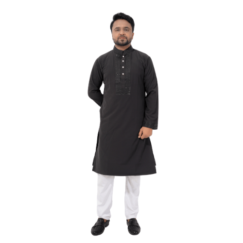 Classic Black Embroidered Punjabi Kurta with White Pajama Set for Men