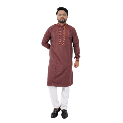 Maroon Striped Punjabi Kurta with Colorful Embroidery and White Pajama Set