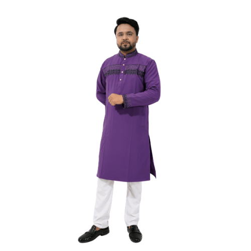 Royal Purple Embroidered Punjabi Kurta with White Pajama Set for Men