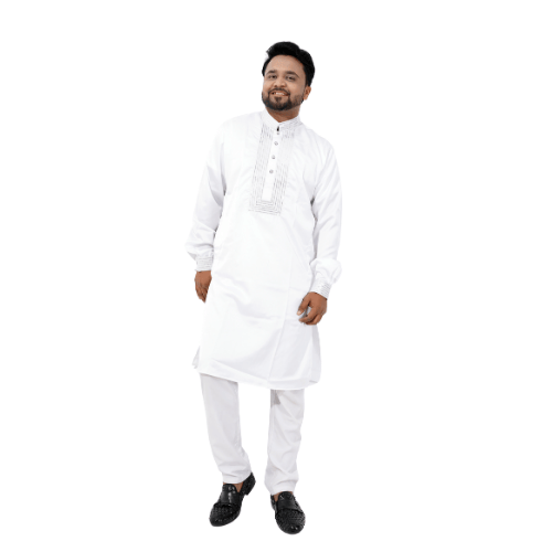 Premium White Cotton Embroidered Punjabi Kurta Pajama Set for Men