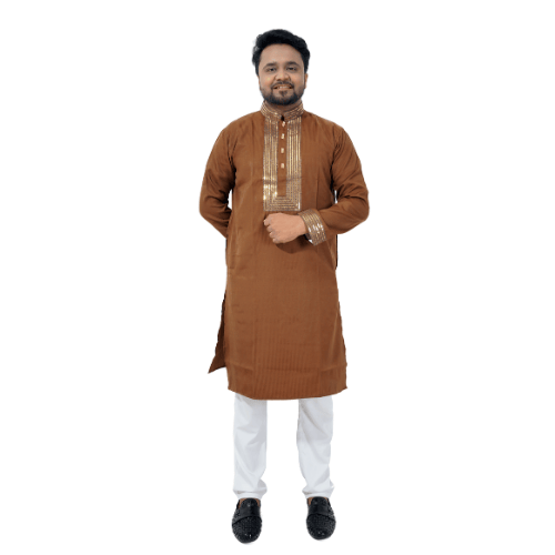 Luxury Brown Silk Panjabi with Gold Sequin Work | Premium Festive Kurta for Men