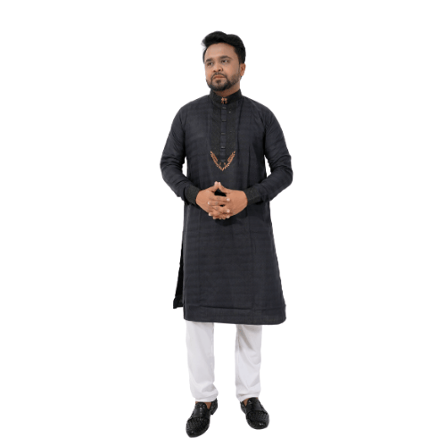 Royal Black Panjabi with Golden Leaf Embroidery | Premium Men's Designer Kurta