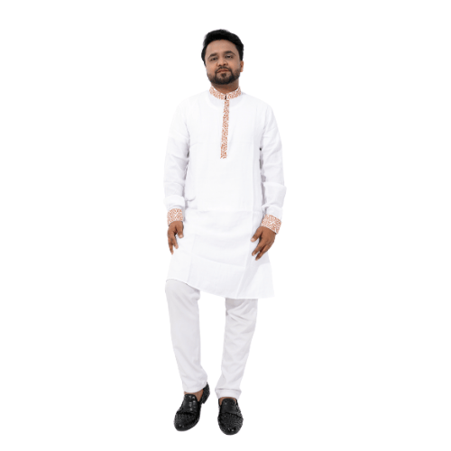 Premium White Panjabi with Copper Embroidery | Elegant Men's Traditional Kurta