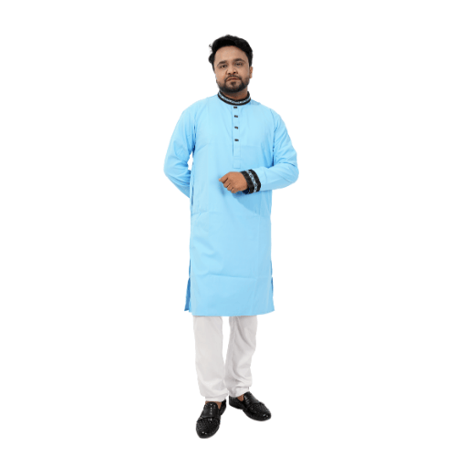 Sky Blue Cotton Panjabi with Black Embroidered Collar | Men's Festive Kurta