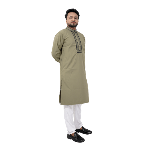 Elegant Olive Green Kurta with Embroidered Collar | Traditional Panjabi for Men