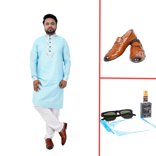 Classic Sky Blue Embroidered Panjabi Combo offer