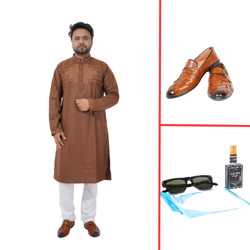 Classic Brown Embroidered Panjabi Combo Offer