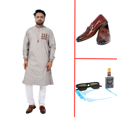 Elegant Grey Textured Panjabi For Men Combo Offer