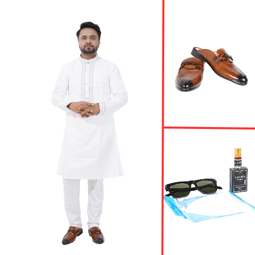 Classic White Embroidered Panjabi For Men Combo Offer