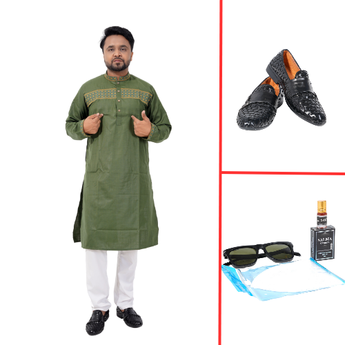 Elegant Olive Green Embroidered Panjabi For Men Combo Offer