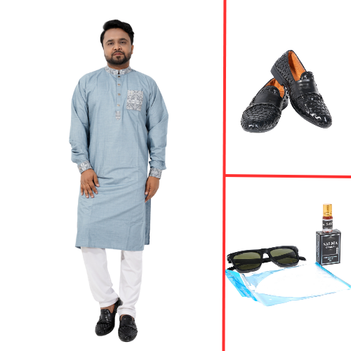 Sky Blue Punjabi With Silver Embroidered Details Combo Offer