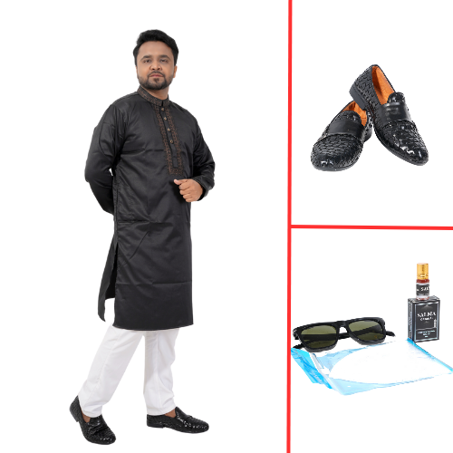 Men's Premium Black Embroidered Kurta Combo Offer