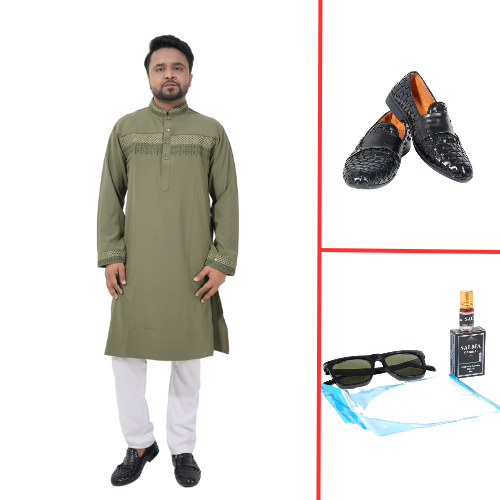 Olive Green Embroidered Punjabi Kurta With White Pajama Set For Men Combo Offer