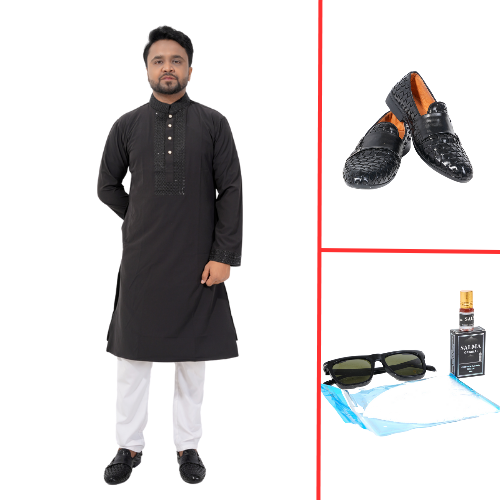 Classic Black Embroidered Punjabi Kurta With White Pajama Set For Men Combo Offer