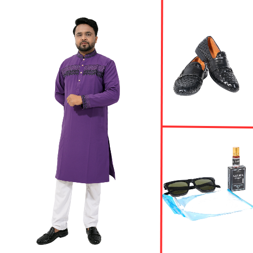 Royal Purple Embroidered Punjabi Kurta With White Pajama Set For Men Combo Offer