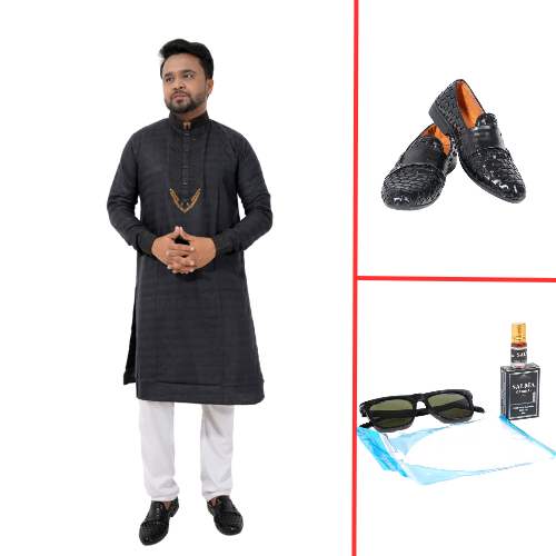 Royal Black Panjabi With Golden Leaf Embroidery | Premium Men's Designer Kurta Combo Offer