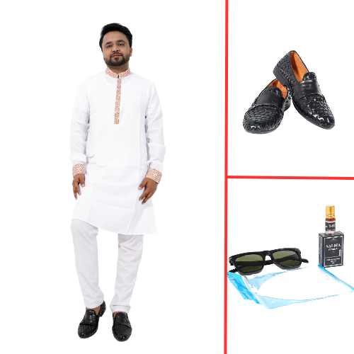 Premium White Panjabi With Copper Embroidery | Elegant Men's Traditional Kurta Combo Offer