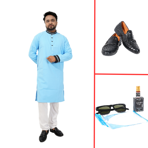 Sky Blue Cotton Panjabi With Black Embroidered Collar | Men's Festive Kurta Combo Offer