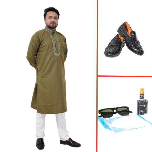 Elegant Olive Green Kurta With Embroidered Combo Offer Collar | Traditional Panjabi For Men